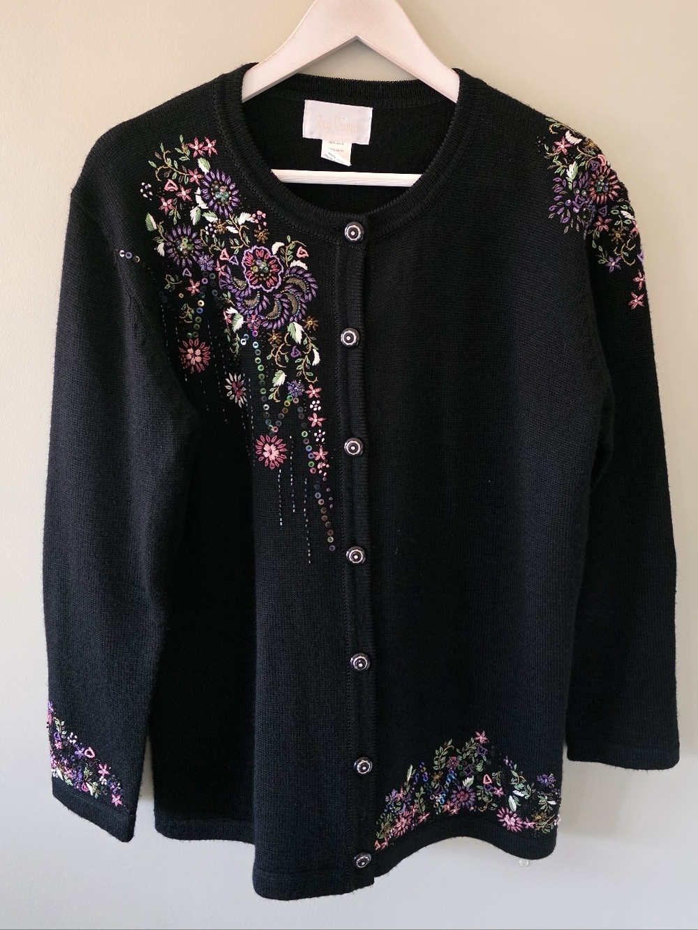 Red Coral L Vintage 90s Artisan Grandmacore Cottagecore Embroidered Cardigan